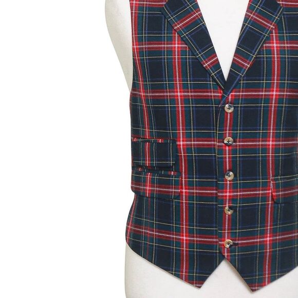 Mens Vest 44R Tartan Plaid Wool Black Red Green Lapel Waistcoat Formal Wedding - Picture 7 of 9